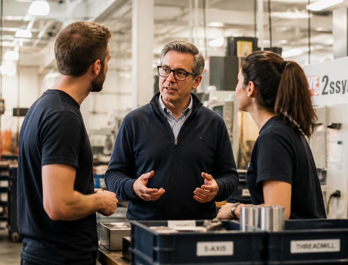 Owner speaking with employees on the production floor